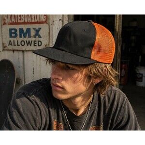 ONLY‎ NY Trucker Hat Black Orange Mesh Strapback Camp Cap Skate Streetwear